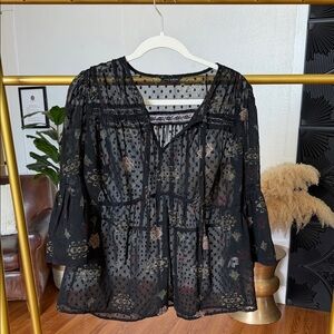 Lucky Brand Black Sheer Boho Blouse with Subtle Floral Motif